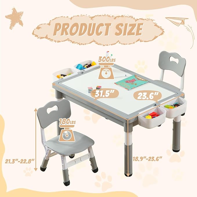 Multi Functional Kids Table and 2 Chairs Set, Graffiti & Building Blocks Double-Sided Tabletop, Toddler Play Table with Drawers, Large Storage Space, Gift for Boys/Girls, Gray