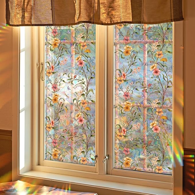 Stained Wildflower Window Film Decorative Flowers Static Glass Window Clings Stickers for Home Office Living Room Bedroom Glass Windows Door Decor 15.74 x 39.37 Inches