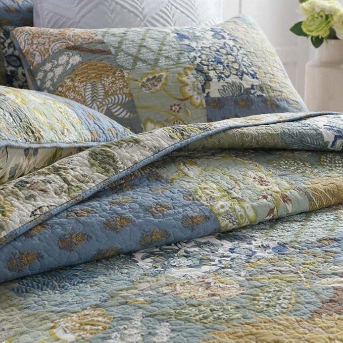 Cotton Bedspread Bedding Coverlet Quilt Sets, Reversible Vintage Branch Floral Bedspread comforters, (Rustic Sage Green Patchwork Pattern, King Size)