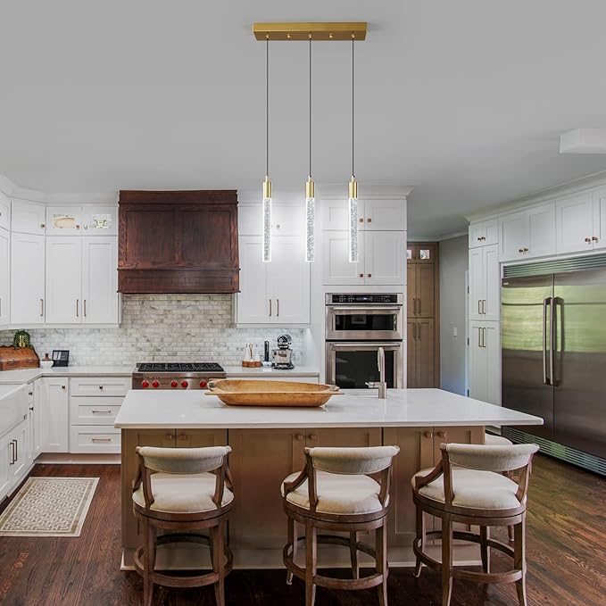 Kitchen Island Lighting Modern Light Fixture Gold Pendant Light Dimmable LED Gold Brass Finish Mini Crystal Pendant Lights for Dining Room Living Room（3-Light）