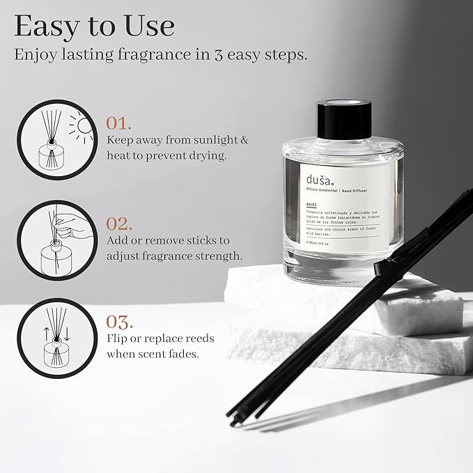 Duša Baies Scented Reed Diffuser & Sticks – 5 Fl Oz Essential Home Fragrance for Bathroom, Office & Living Spaces –Stylish & Long-Lasting Room Air Freshener –Ideal for Housewarming & Special Occasions
