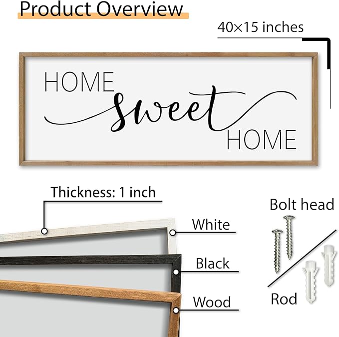 SRSZHIYUE Home Sweet Home Sign 40"x15" for Farmhouse Rustic Large Family Living Room Over Couch Modern Horizontal Wall Decor, Wood Framed Plaques Art Decorative (Wood)
