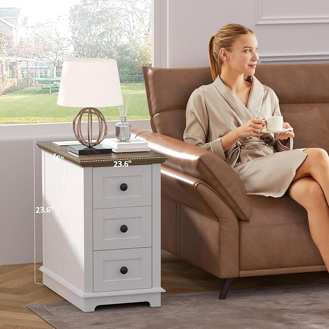 HIFYOBRO Narrow End Table Set of 2, 3 Drawers and Charging Station, Type-C & USB Port & Power outlets, Wooden End Table, Side Table with Storage for Living Room, Bedroom Nightstands