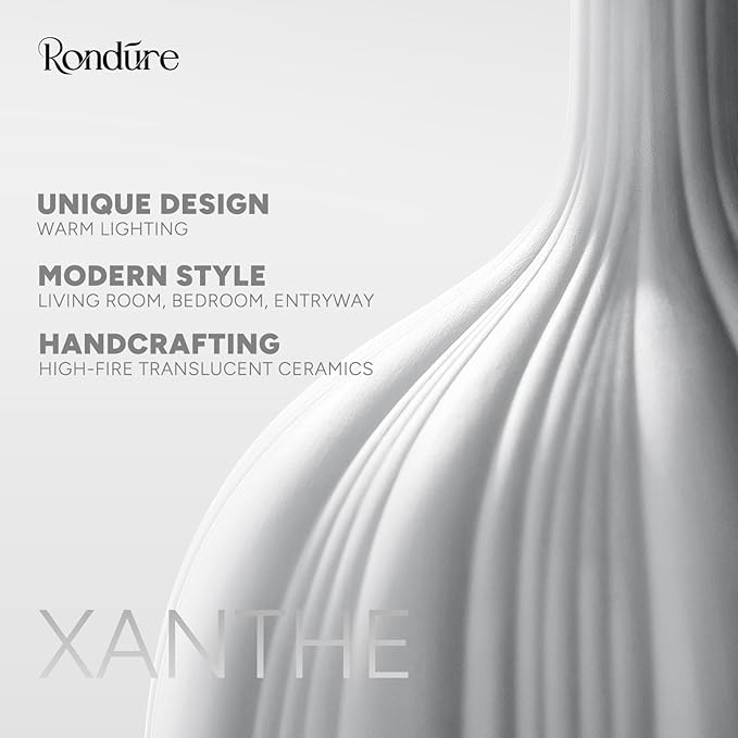 RONDURE 13.9" Modern Ceramic Table Lamp, Modern Bedside Lamps for Bedroom, Living Room and Nightstand, White Translucent Ceramic Shade, Warm Ambient Lighting, Home Decor