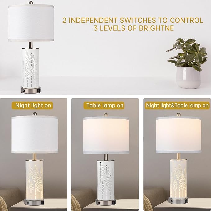 Ceramic Engraved Translucent Light Decorative 25" Table Lamps Set of 2 with Nightlight,E26 Socket&Rotary Switch,USB A+C Ports,Modern Bedside Lamps for Nightstand,Bedroom(Bulbs Included)