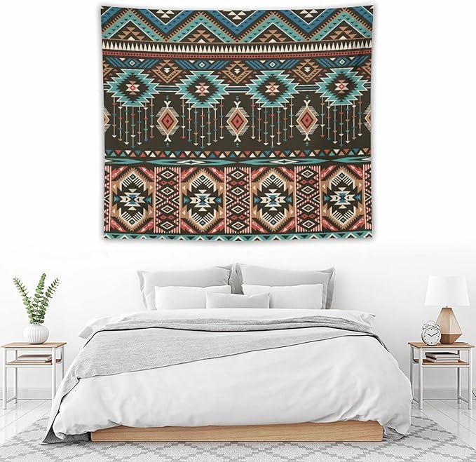 HZOHNAGO Aztec Tapestry Turquoise Blue and Brown and Native American Tribal Pattern Printed Wall Tapestry Wall Hanging for Bedroom Living Room Dorm 60" W x 50" H