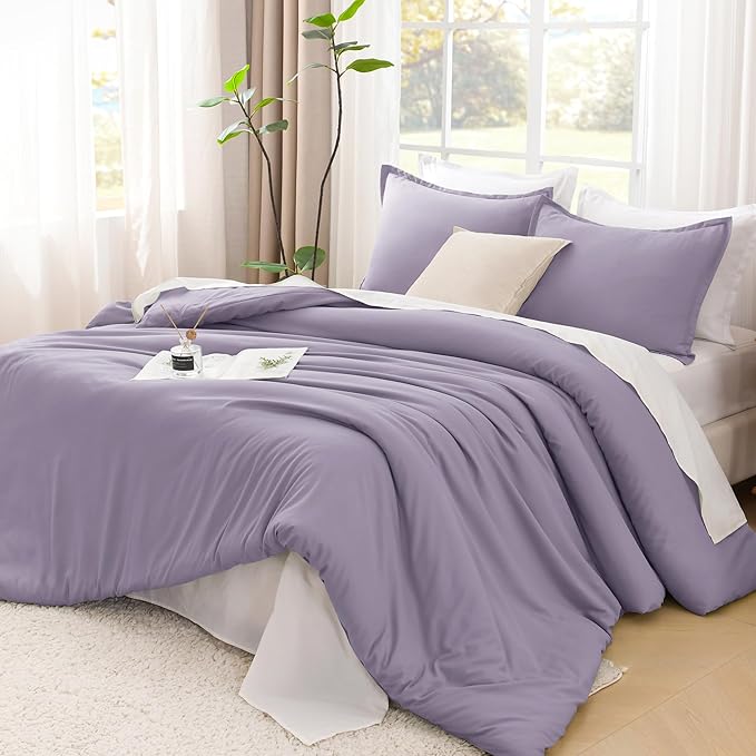 Litanika Grayish Purple Comforter Set California King Size, 3 Pieces Cal King Lightweight Solid Bedding Comforter Set, All Season Fluffy Bed Set (104x96In Comforter & 2 Pillowcases)