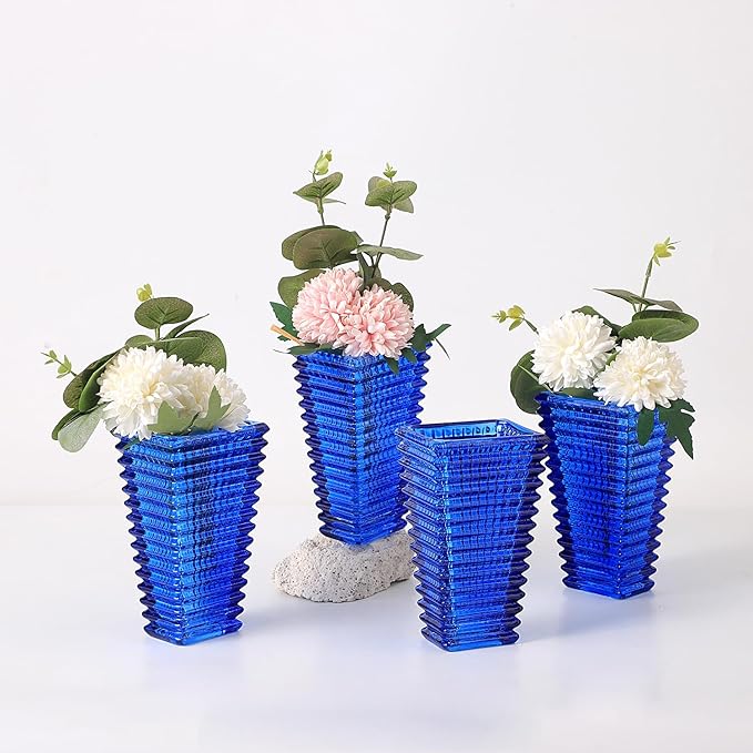 MCMCNCUIU Crystal Vases Set of 4, Blue Glass Vases, Crystal Vase for Centerpieces, Modern Flower Vase for Living Room, Bedroom, Kitchen, Dining Table, Shelf, Wedding, 6 Inches