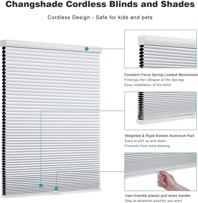 Changshade Cordless Cellular Shades, Blackout Honeycomb Shades for Windows, Pull Down Pleated Blinds, Easy to Install for Indoor Windows and French Doors,43" W x 72" H, White