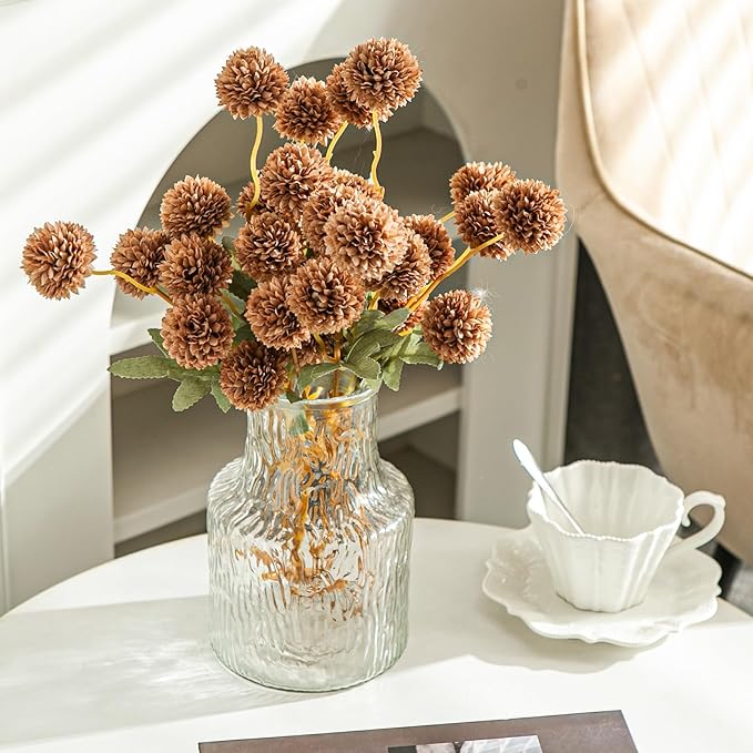 6 Artificial Silk Flowers + 3 Eucalyptus, Artificial Chrysanthemums with Stems for Home Decor, Light Taupe