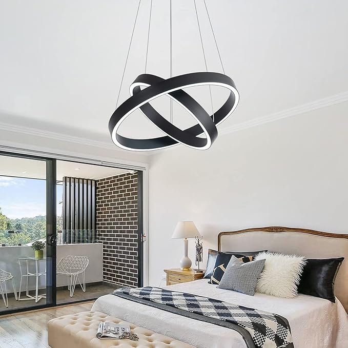 MADEM Room Decor Modern LED Pendant Light 2-Ring Circular Contemporary Chandelier Flush Mount Pendant Lighting for Living Dining Room Bedroom, 6000K Cool White, 36W, Black
