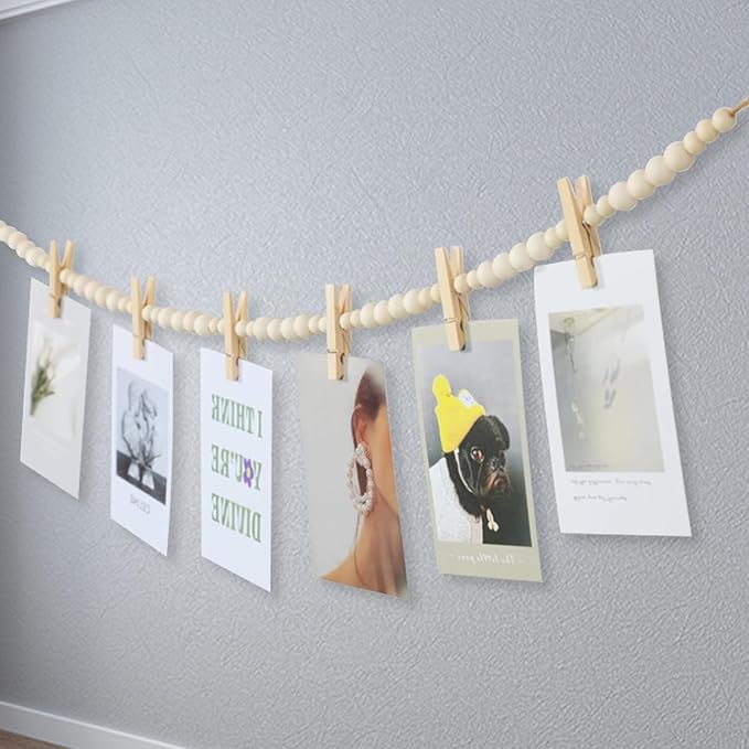 2PCS Boho Hanging Photo Display with Clips - Wooden Bead Garland String,Photo Collage Holder for Dorm,Cubicle & Teen Girl Room Decor,Picture Wall Banner with Clips for Bedroom Office Decorations