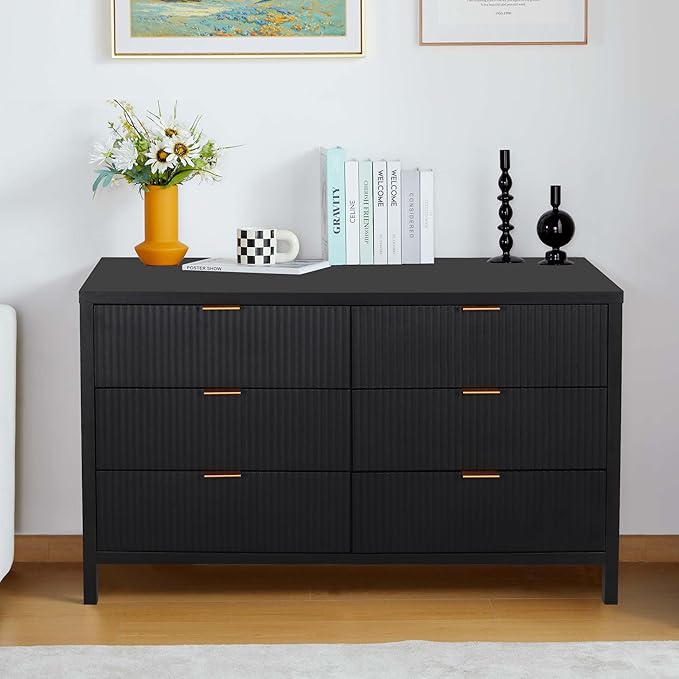 Fluted 6 Drawer Double Dresser for Bedroom, 47" Wide Modern Closet Dressers Chest of Drawers, Wood Storage Dresser Organizer for Nursery Bedroom Living Room Hallway Closet, Black