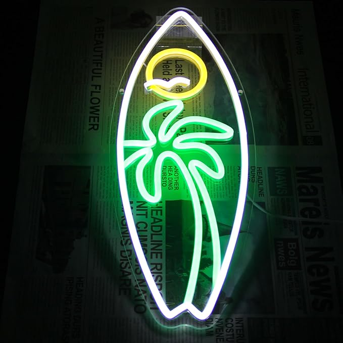 Surfboard Neon Sign Palm Tree Seagull Sun Neon Lights for Bedroom Surfing LED Sign Tropical Landscape Dimmable Neon Light Up Sign for Living Room Bar Man Cave Beach Decor Surfer Gifts