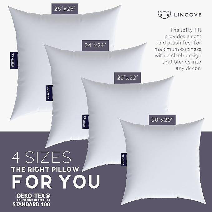 Lincove Euro Throw Pillow Insert Square 24"x24" Pillow – Made in Canada, 100% Cotton Shell, Down Alternative Filling, Vegan-Friendly, Hypoallergenic - Decorative Couch Pillows, 2 Pack