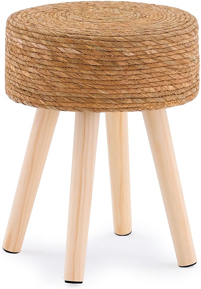 Handwoven Outdoor Ottoman, Water Hyacinth Pouf Round Patio Footstool with Wood Legs, 17-Inch Multipurpose Vanity Stool, Dining Chair, Patio Footrest for Balcony and Garden, Natural