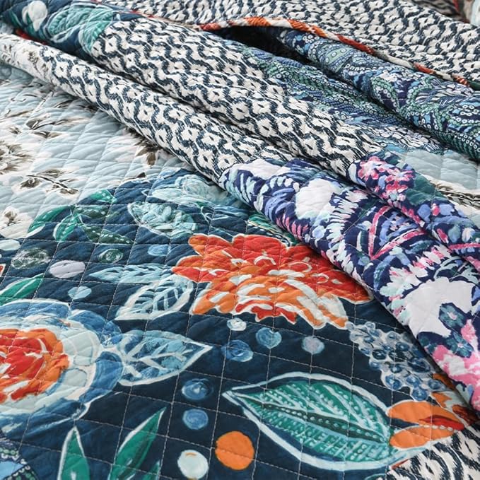 Cotton Bedspread Quilt Bedding Sets Reversible Coverlet Sets 3 Pieces Vintage Floral Blue Teal Patchwork Bedspread, Queen Size