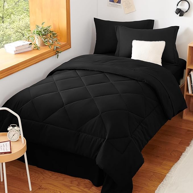 CozyLux Twin Comforter Set with Sheets Black - 5 Pieces Bed in a Bag Twin, All Season Bed Set for Girls and Boys, Bedding Set with Down Alternative Comforter, Sheets, Pillowcase & Sham
