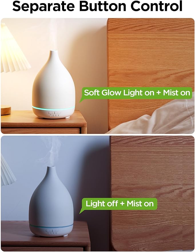 InnoGear Oil Diffuser, 300ML Ceramic Diffuser for Essential Oils Handcrafted Aromatherapy Diffuser Ultrasonic Cool Mist Humidifier with 4 Timers Waterless Auto Off for Room Office, White Base