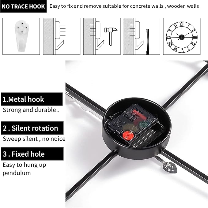 1st owned Large Wall Clock Metal Retro Roman Numeral Clock, Modern Round Wall Clocks Almost Silent, Easy to Read for Living Room/Home/Kitchen/Bedroom/Office/School Decor (Silver, 32 Inch)