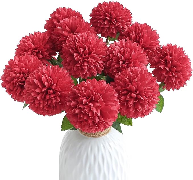 Floroom 12pcs Dark Red Faux Silk Mums Artificial Flowers Bulk Fake Chrysanthemums with Stems for DIY Wedding Table Centerpieces Floral Arrangements Vase Fillers Home Decorations