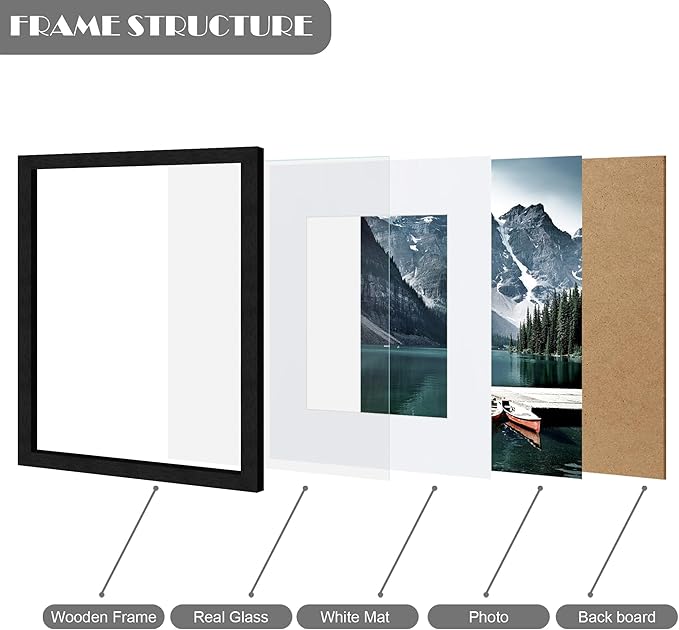 9x12 Black Picture Frames set of 3, Made of Wooden and Glass Photo frame - Displays Picture 6x8 with Mat or 9 x 12 without Mat, Desktop & Wall Collage Frame set