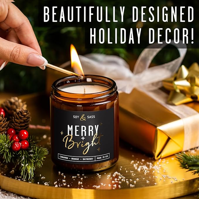 Christmas Candles Scented – ‘Merry & Bright’ Soy Christmas Candle, w/Cranberries, Cinnamon & Orange - Infused with Essential Oils I Holiday Candles I 9oz, 50Hr, Made in USA