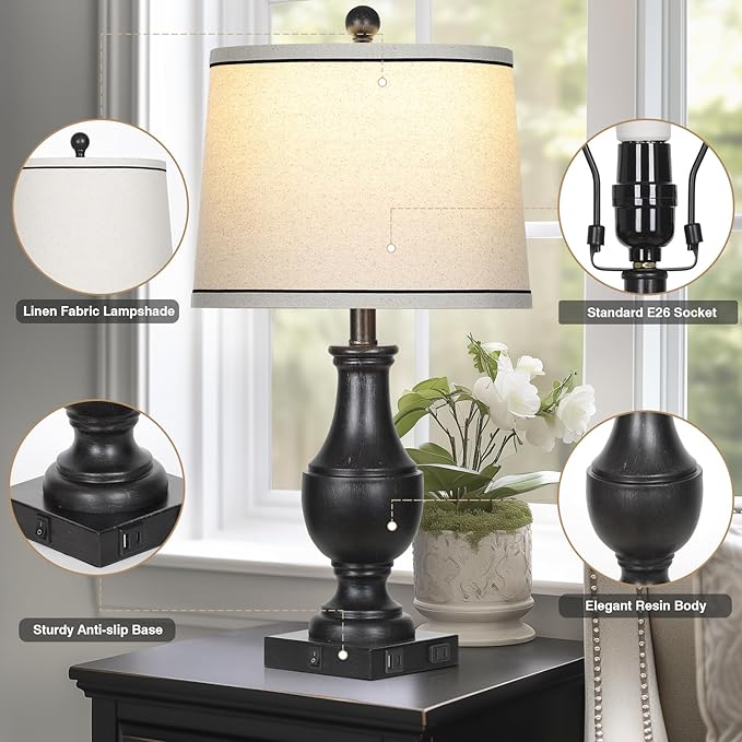 Table Lamps for Living Room Set of 2, Farmhouse Vintage Table Lamp with USB A+C Charging Ports & AC Outlet, 25" Black Rustic Traditional Lamps for Bedroom Nightstand Desk(2 LED Bulbs Included)