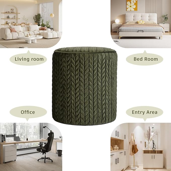 Modern Round Ottoman 2Pcs, Braided-Tufted Foot Stool Ottoman, Velvet Upholstered Vanity Stool for Makeup, Bedroom, Living Room, Dark Green