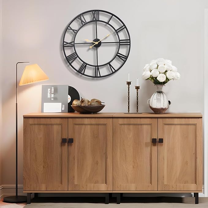 Vantic 24 Inch Large Wall Clock, Roman Numeral Metal Oversized Wall Clocks for Living Room Decor, Bedroom and Kitchen, Completely Silent, Non Ticking, Battery Operated