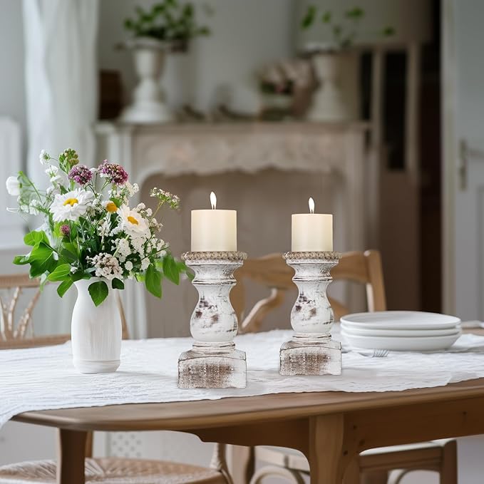 Candle Holder for Pillar Candle Set of 2, Farmhouse Wood Candle Holder, Rustic Wooden Candle Stand, Vintage Wooden Candlestick Holders Decorative for Living Room, Table Centerpiece, Washe White