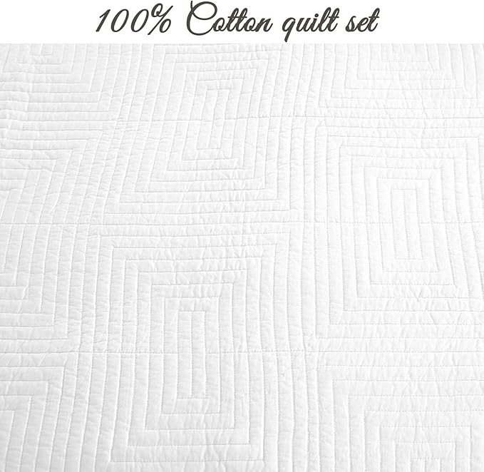 Cozy Line Home Fashions 100% Cotton Square Check Stitch Solid White Quilt Bedding Set, Bedspread Coverlet Lightweight for All Seasons (Maze - White, Queen - 3 Piece)