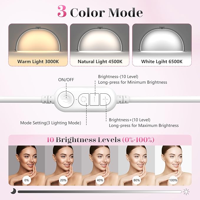 Yokilly Half Moon Light for Nail Desk: 23" Foldable Half Moon Desk Lamp with Phone Holder for Beginner - Arch Nail Tech Light with 3 Color Modes & 10 Brightness for Manicure Salon (Diamond, Small)