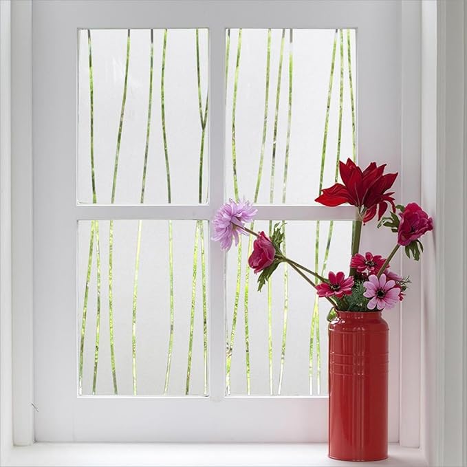 Finnez Window Privacy Film Decorative Frosted Window Cling Privacy Film for Glass, Non-Adhesive Heat Anti-UV for Home Office Living Room, Irregular Stripe Patterns, 35.4 x 118.1 Inches