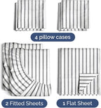 Split King Sheets Set 7 Piece - Includes 4 Pillowcases - Bed Sheets Split King - Soft Hotel Luxury Bedding - Cooling and Breathable - 1 Flat & 2 Fitted & 4 Pillowcases w/ Deep Pockets - Grey Stripes
