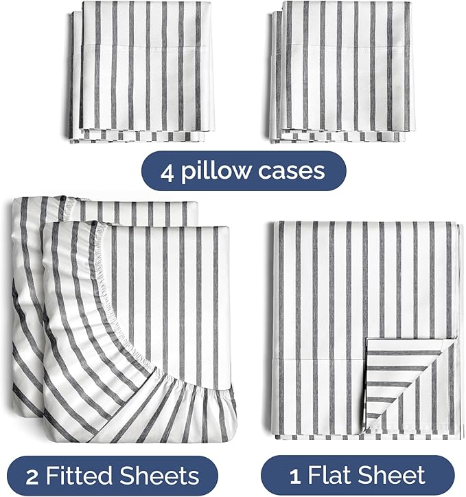 Split King Sheets Set 7 Piece - Includes 4 Pillowcases - Bed Sheets Split King - Soft Hotel Luxury Bedding - Cooling and Breathable - 1 Flat & 2 Fitted & 4 Pillowcases w/ Deep Pockets - Grey Stripes