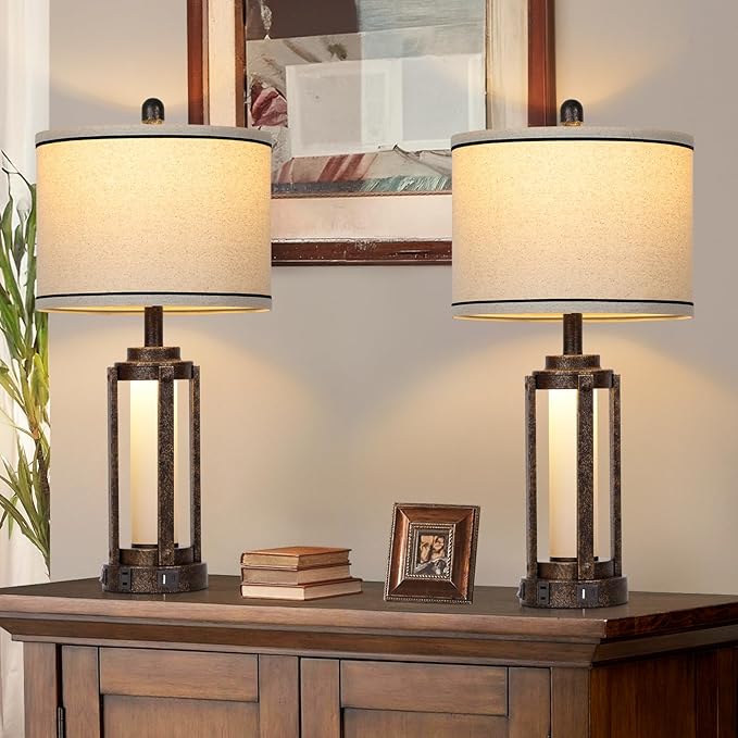 26" Farmhouse Table Lamps Set of 2, Vintage Rustic Industrial Beside Lamps with USB A+C Charging Ports & AC Outlet, Nightstand Lamp with Glass Night Light & Linen Fabric Shade for Living Room Bedrooms