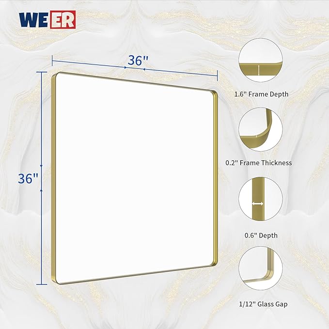 WEER Gold Bathroom Mirror, 36X36 Inch Brushed Metal Frame, Rounded Rectangle Vanity for Wall, Tempered Glass, Anti-Rust, Hangs Horizontally or Vertically