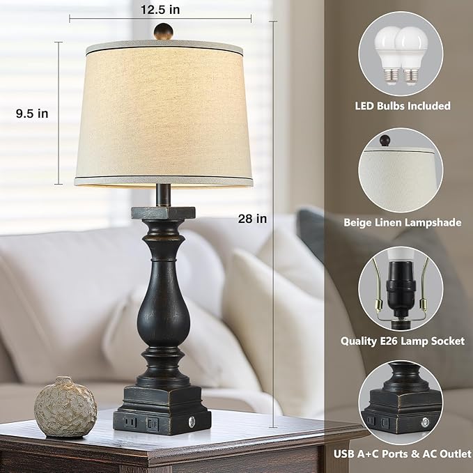 28" Tall Farmhouse Table Lamps with USB C+A Ports and AC Outlet, 3 Way Touch Control Rustic Bedside Lamps for Bedroom, Black Vintage Nightstand Lamps for Living Room Office