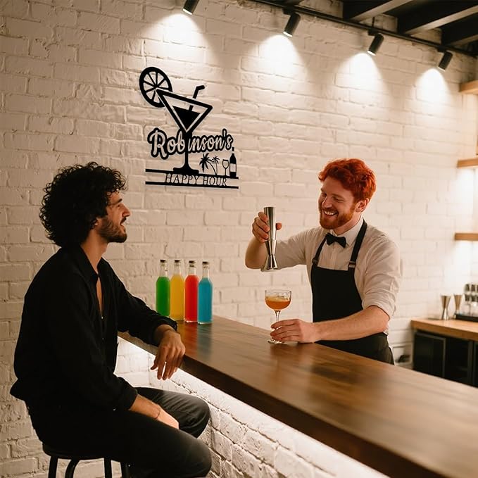 Happy Hour Metal Bar Sign - Personalized Wine Wall Art, Rustic Home Bar Decor, Custom Cocktail & Wine Themed Metal Signs for Indoor/Outdoor - MADE IN USA