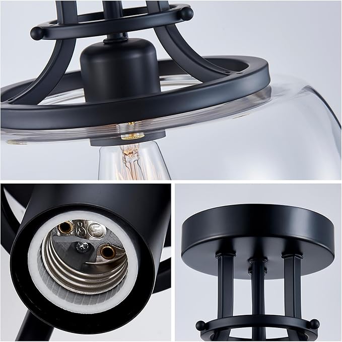 WUZUPS Chandelier Rustic Farmhouse Industrial Round Semi-flushmount Ceiling LED Light Fixture with Clear Glass Shades for Bathroom Kitchen Foyer Entryway, H 10" x W 10", E26 Base, Black