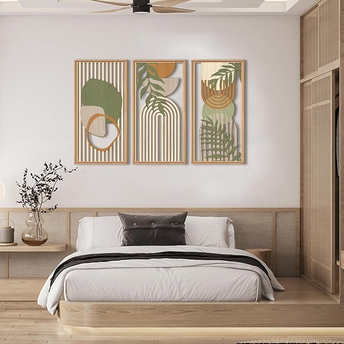 IARTTOP Large Boho Wood Wall Art Framed Mid-century Modern Wooden Wall Decor Set of 3 Green Bohemian Abstract Wall Art Decor For Bedroom Living Room Office-16 x32