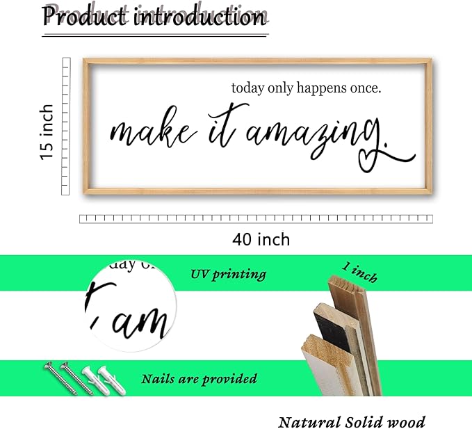 Inspirational Wall Art Today Only Happens Once Make It Amazing Sign 40"×15" Motivational Quote Farmhouse Positive Decor for Home Office Living Room Large Wood Framed Hanging (Wood)