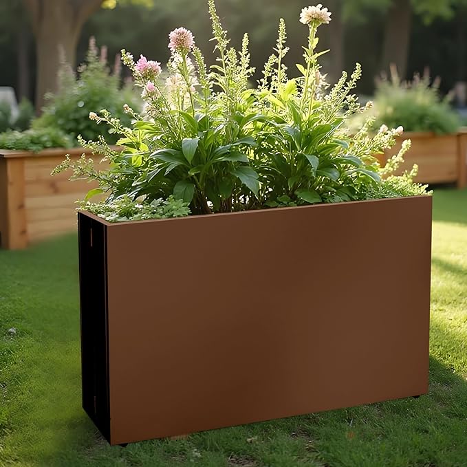 Galvanized Steel Planter Box-No Installation Required Metal Rectangular Block Long Box Planter Modern Outdoor Planters All-Weather Use with Drainage Holes for Patio/Porch, 36×24×12IN（Brown）
