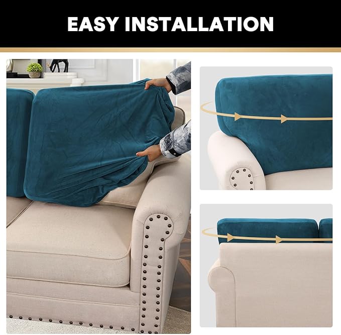 PrinceDeco Sectional Couch Covers Velvet Cushion Covers for Sectional Couch Washable Cushion Covers for Sectional Sofa Pet Friendly Sectional Sofa Slipcovers(1 Chaise Back+ 3 Sofa Back,Deep Teal)