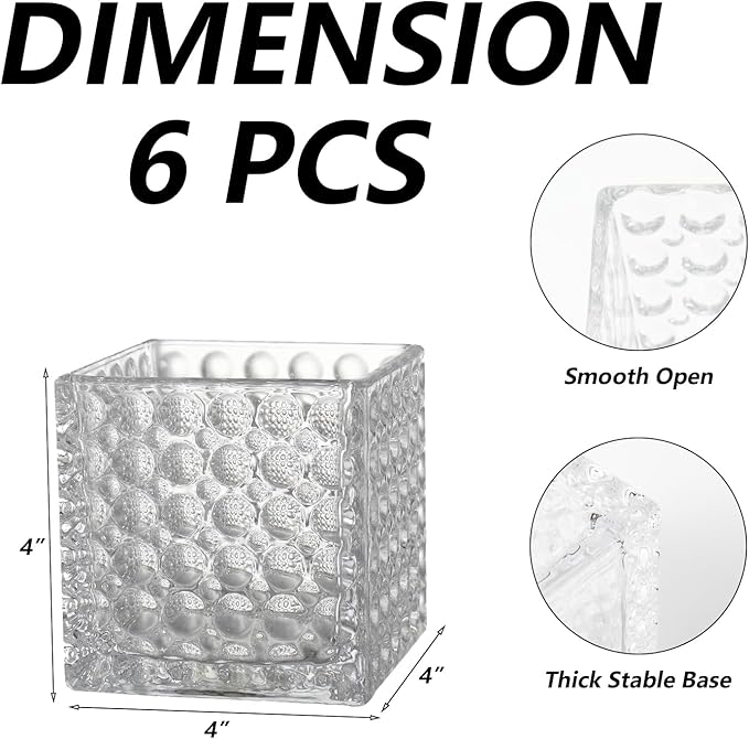 Square Vases Set of 6, 4" x 4" x 4" Square Glass Vases for Flowers, Clear Flower Vase for Centerpieces, Small Bubble Vase for Wedding, Party, Home, Office, Parties, Events