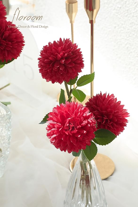 Floroom 12pcs Dark Red Faux Silk Mums Artificial Flowers Bulk Fake Chrysanthemums with Stems for DIY Wedding Table Centerpieces Floral Arrangements Vase Fillers Home Decorations