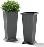 FENCY Set of 2 Tall Planters for Outdoor Plants, 24 Inch Large Tapered Pots with Drainage Trays, Weather-Resistant Plastic Plant Containers for Patio, Porch, Garden, Front Door Decor,Gray,Striped