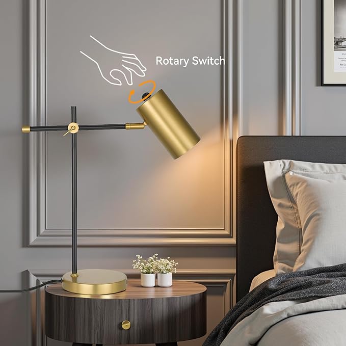 Modern Black and Gold Desk Lamp, Minimalist Industrial Table Lamp with Swing Arm, Gold and Black, for Study Room Home Office Bedroom Bedside Nightstand