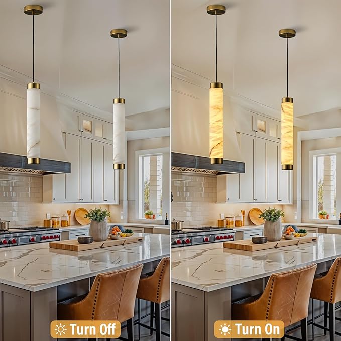 20" Alabaster Pendant Lights, Natural Marble Cylinder Brass Pendant Light, Adjustable Modern Ceiling Light Fixtures for Kitchen Island, Dining Room, Bedroom, Living Room, Bathroom